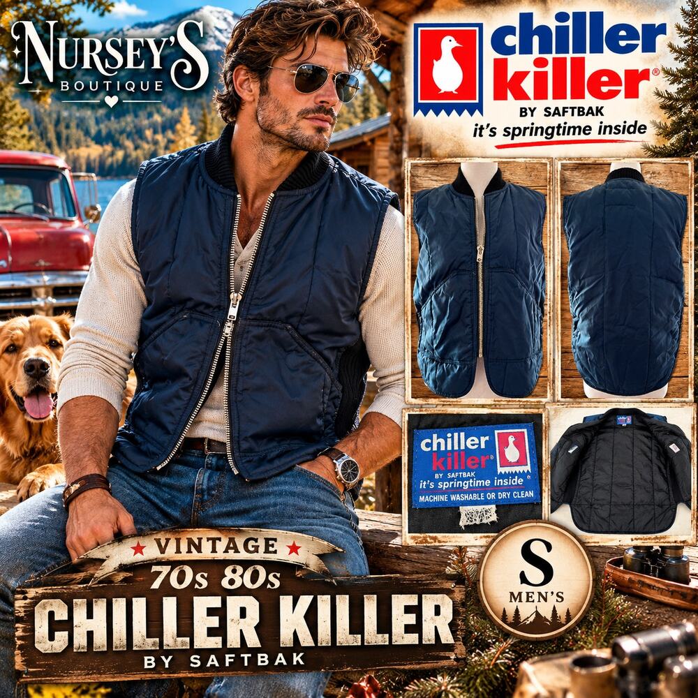 Vintage 80s Chiller Killer SafTbak Navy Insulated Hunting Vest Mens S